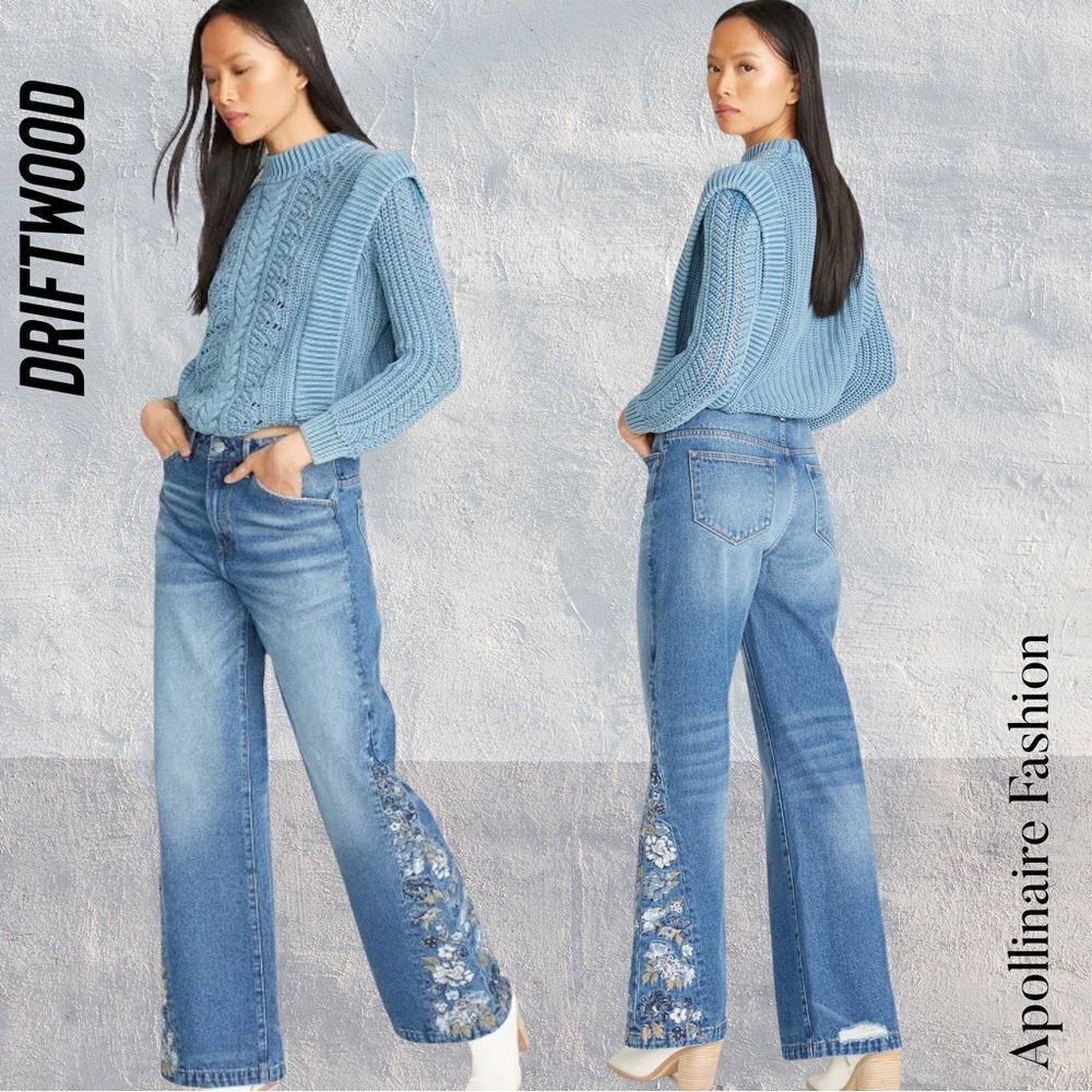 DRIFTWOOD BLUE-BELLE FLEUR EMBROIDERED WIDE LEG JEANS NWT SIZE 28